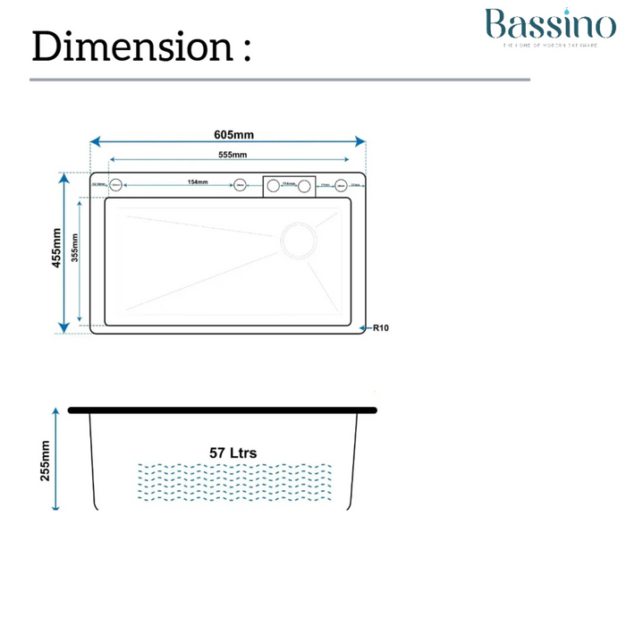 Bassino Premium Smart Kitchen Sink – 304 Stainless Steel | Piano Switch Control | Black PVD Coated | Pull-Out Faucet | Cup Washer | RO Tap | Drainage Knob | 24x18x9 Inches | 25 Years warranty