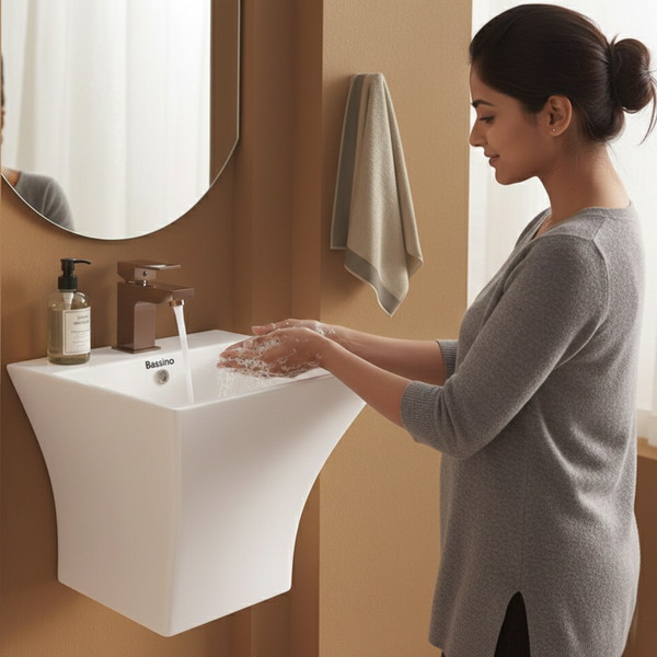 Bassino Cubix Wall Hung Wash Basin – Glossy Finish | Large Integrated Designer Basin 490×430×390 mm