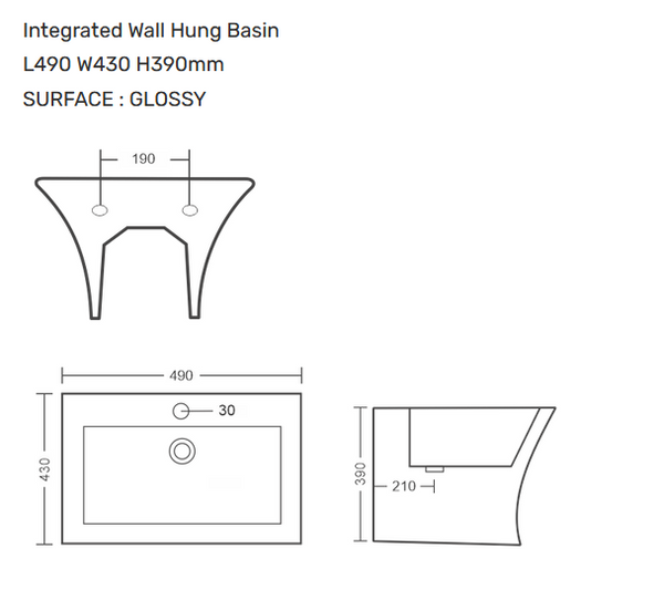 Bassino Cubix Wall Hung Wash Basin – Glossy Finish | Large Integrated Designer Basin 490×430×390 mm