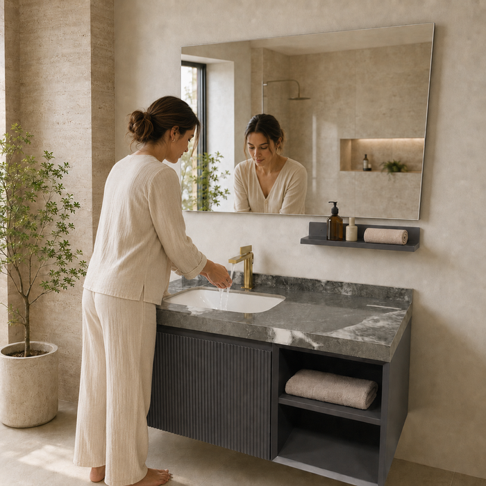 Dark grey wall-mounted bathroom vanity set with marble-finish countertop, white basin, mirror and matching wall-mounted utility shelf.