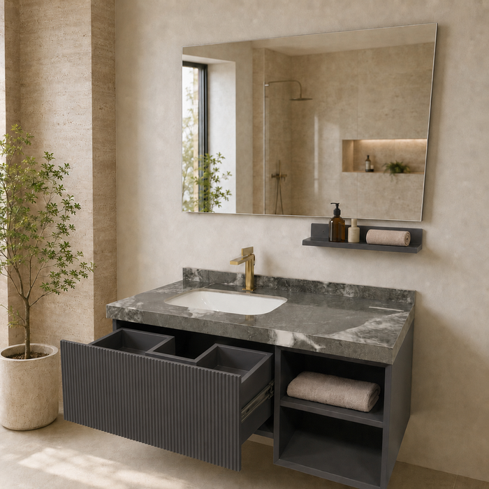 Dark grey wall-mounted bathroom vanity set with marble-finish countertop, white basin, mirror and matching wall-mounted utility shelf.