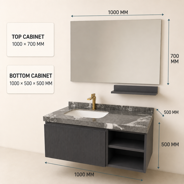 39″ Dark Grey Wall-Mounted Bathroom Vanity Set with Mirror, Basin, Marble-Finish Countertop & Utility Shelf