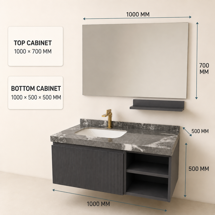 Dark grey wall-mounted bathroom vanity set with marble-finish countertop, white basin, mirror and matching wall-mounted utility shelf.