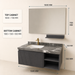 Dark grey wall-mounted bathroom vanity set with marble-finish countertop, white basin, mirror and matching wall-mounted utility shelf.
