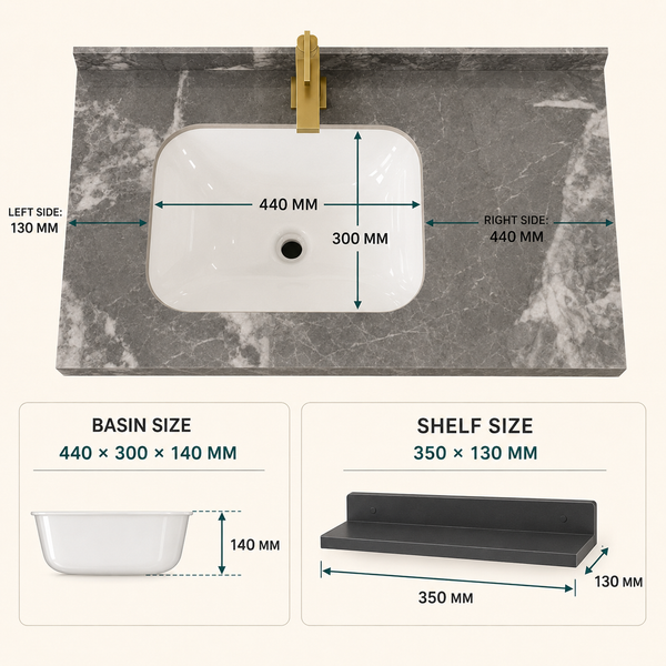 39″ Dark Grey Wall-Mounted Bathroom Vanity Set with Mirror, Basin, Marble-Finish Countertop & Utility Shelf
