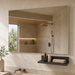Dark grey wall-mounted bathroom vanity set with marble-finish countertop, white basin, mirror and matching wall-mounted utility shelf.
