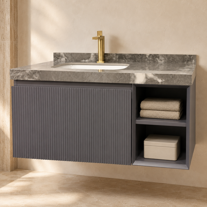 Dark grey wall-mounted bathroom vanity set with marble-finish countertop, white basin, mirror and matching wall-mounted utility shelf.