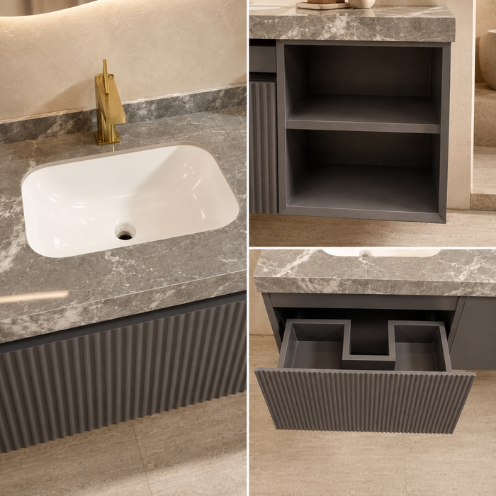 Dark grey wall-mounted bathroom vanity set with marble-finish countertop, white basin, mirror and matching wall-mounted utility shelf.