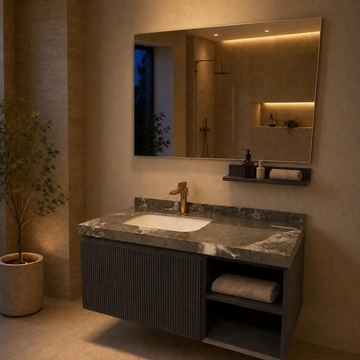 Dark grey wall-mounted bathroom vanity set with marble-finish countertop, white basin, mirror and matching wall-mounted utility shelf.
