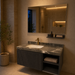 Dark grey wall-mounted bathroom vanity set with marble-finish countertop, white basin, mirror and matching wall-mounted utility shelf.
