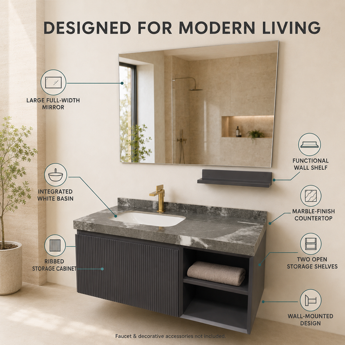 Dark grey wall-mounted bathroom vanity set with marble-finish countertop, white basin, mirror and matching wall-mounted utility shelf.