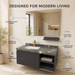 Dark grey wall-mounted bathroom vanity set with marble-finish countertop, white basin, mirror and matching wall-mounted utility shelf.