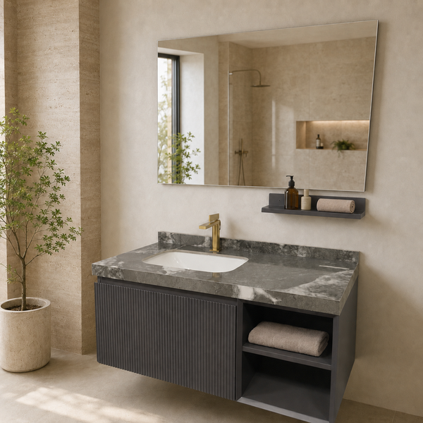 39″ Dark Grey Wall-Mounted Bathroom Vanity Set with Mirror, Basin, Marble-Finish Countertop & Utility Shelf