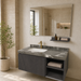 Dark grey wall-mounted bathroom vanity set with marble-finish countertop, white basin, mirror and matching wall-mounted utility shelf.