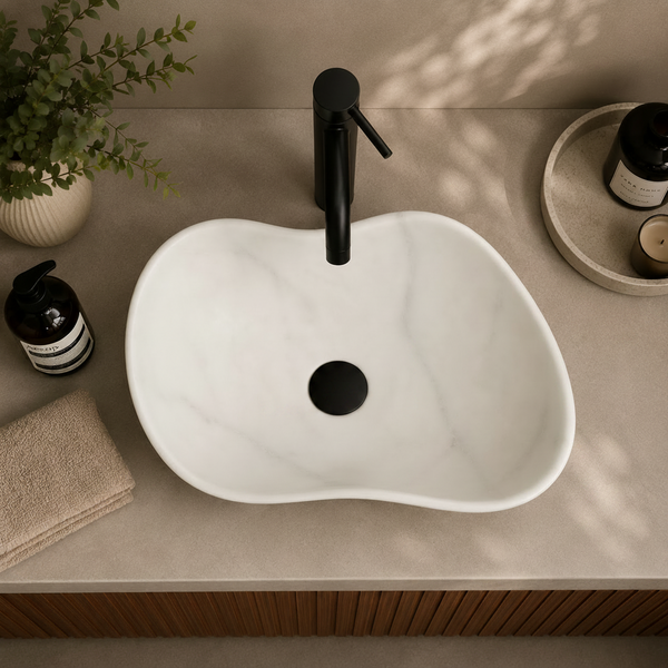 Premium Designer Ceramic Table Top Wash Basin, Matt Marble Finish (20 x 16 x 6.5 In) White