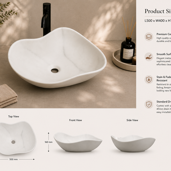 Premium Designer Ceramic Table Top Wash Basin, Matt Marble Finish (20 x 16 x 6.5 In) White