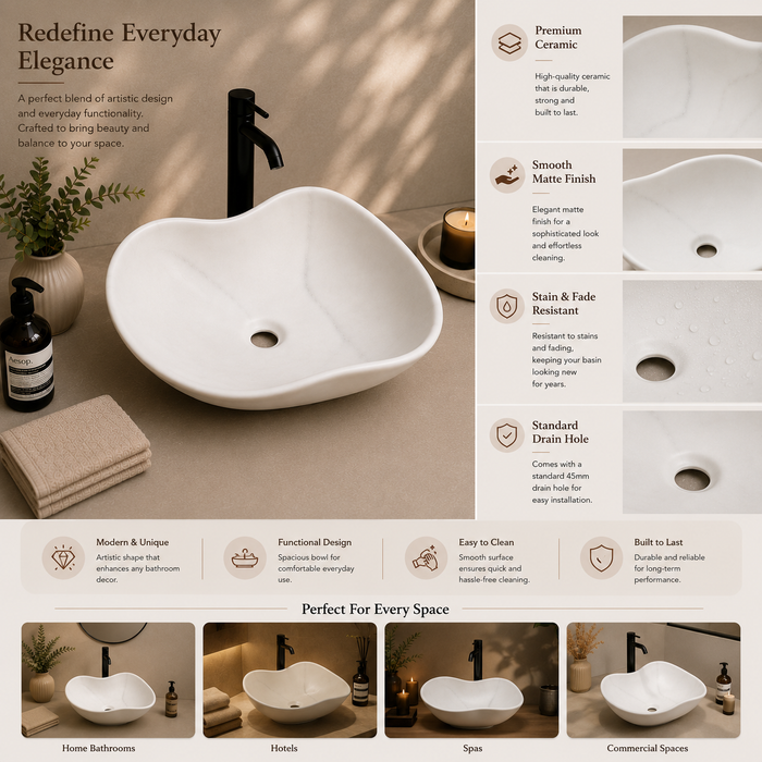 Designer Ceramic Table Top Wash Basin, Matt Marble Finish 