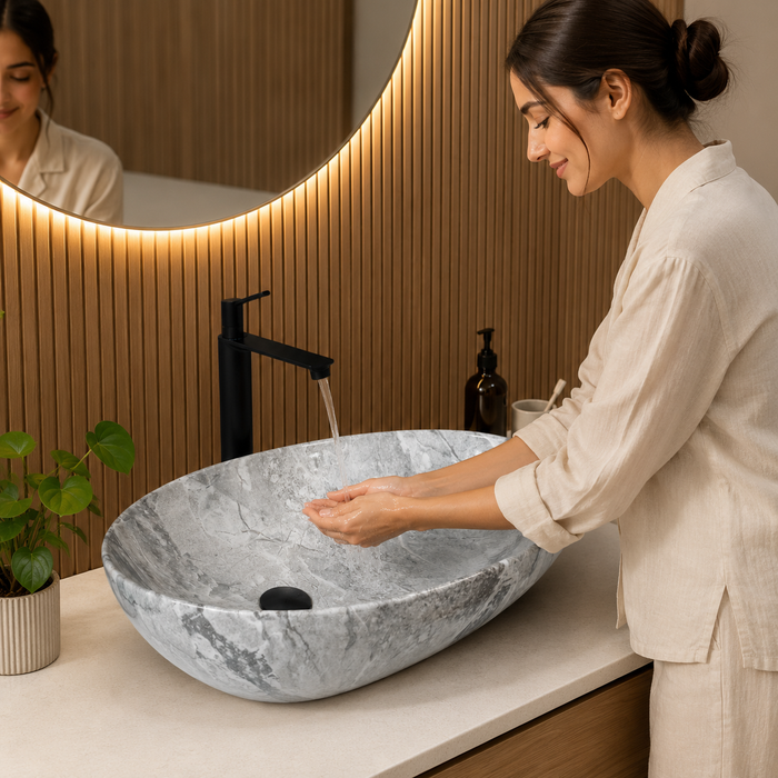 Designer grey and white marble pattern table top wash basin 560 × 355 × 130 mm with glossy finish and asymmetrical oval shape for modern luxury bathrooms.