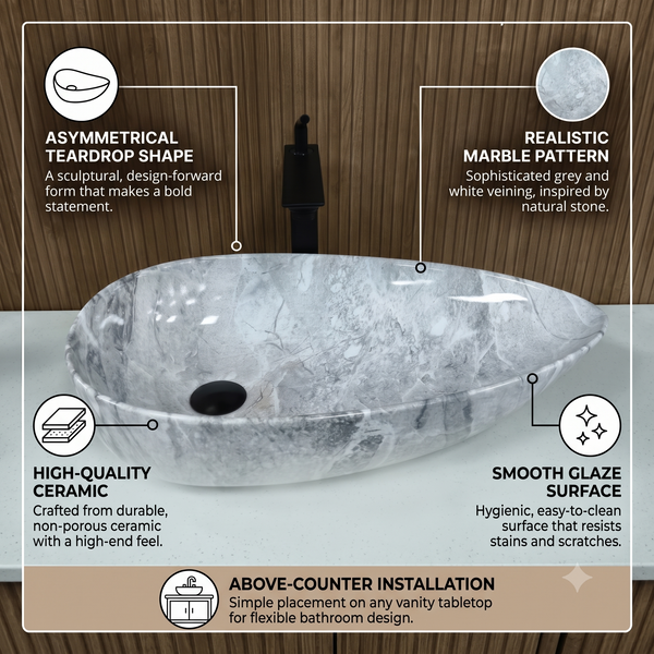 Designer Marble Pattern Ceramic Table Top Wash Basin – 22 × 14 × 5 Inch | Glossy Finish