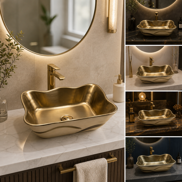 BASSINO Designer Table Top Basin – 20″ x 15″ Luxury Dual Tone Countertop Wash Basin White and Gold