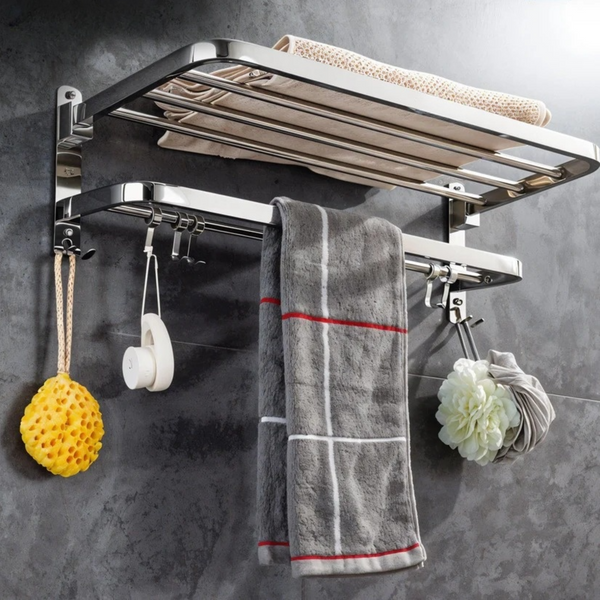 Bassino Stainless Steel Dual Foldable Towel Rack SS-304 for Bathroom Wall Mounted/Towel Stand/Adjustable Towel Hooks and Towel Bar/Hanger/Bathroom Accessories Silver
