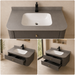 Floating grey bathroom vanity with two drawers, gold knobs and white basin