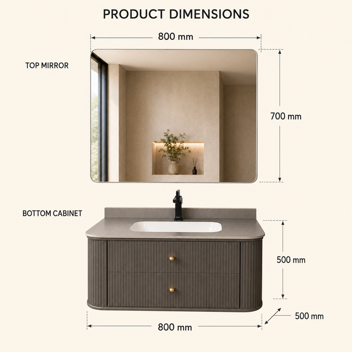 Floating grey bathroom vanity with two drawers, gold knobs and white basin