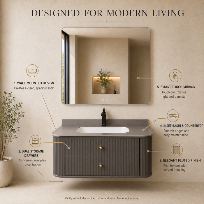 Floating grey bathroom vanity with two drawers, gold knobs and white basin