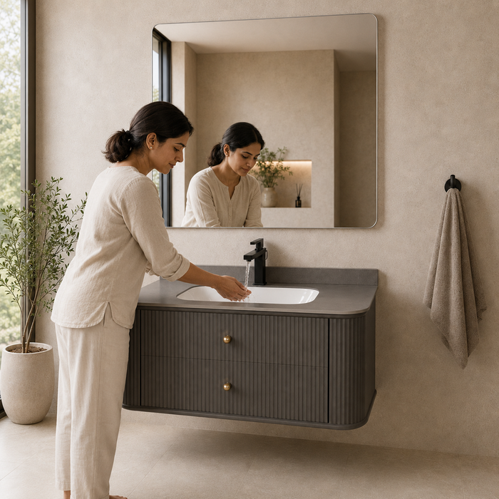 Floating grey bathroom vanity with two drawers, gold knobs and white basin