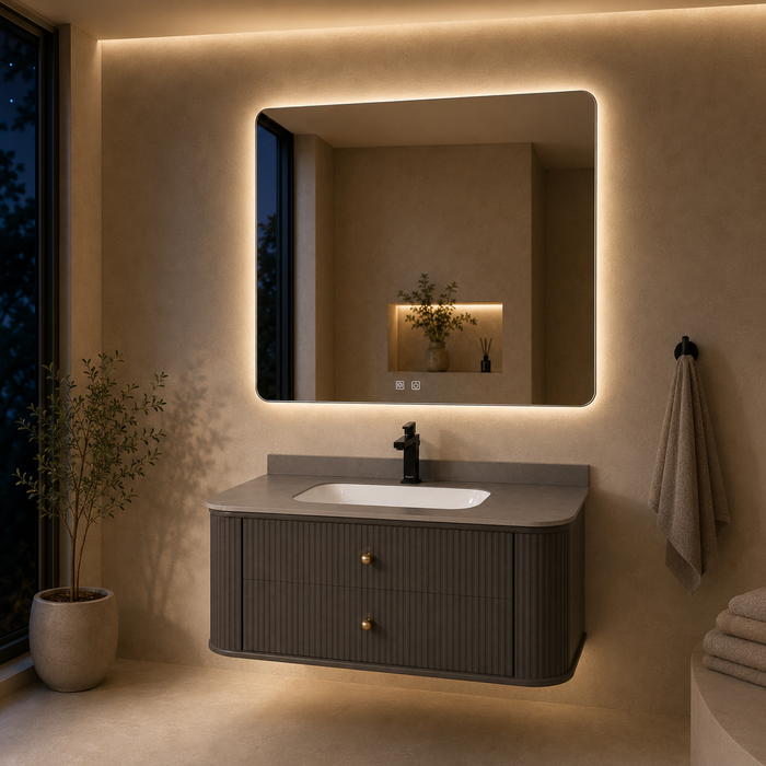 Floating grey bathroom vanity with two drawers, gold knobs and white basin