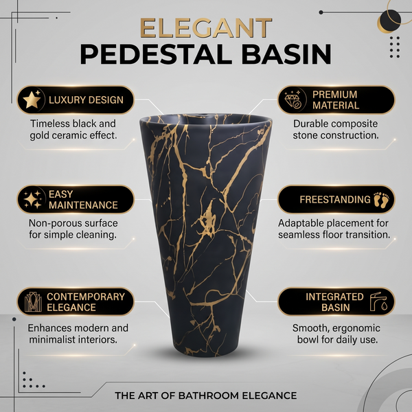Ceramic Pedestal Wash Basin With Tap-Hole | Black&Gold Marble | Matte | 18x18x33 Inch