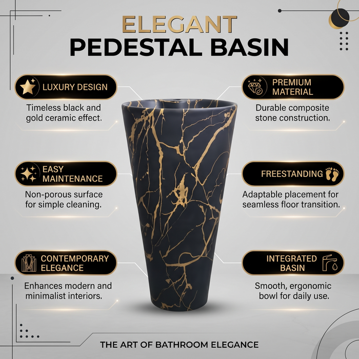 Ceramic Pedestal Wash Basin With Tap-Hole | Black-Gold