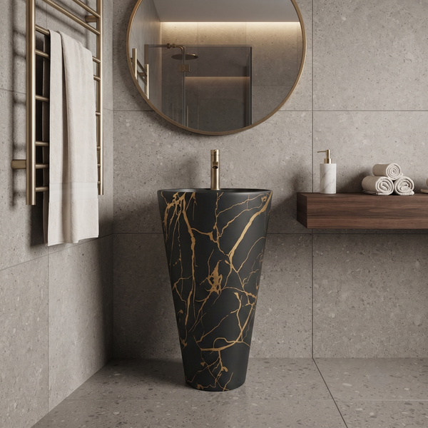 Ceramic Pedestal Wash Basin With Tap-Hole | Black&Gold Marble | Matte | 18x18x33 Inch