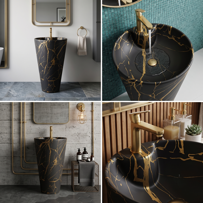Ceramic Pedestal Wash Basin With Tap-Hole | Black-Gold