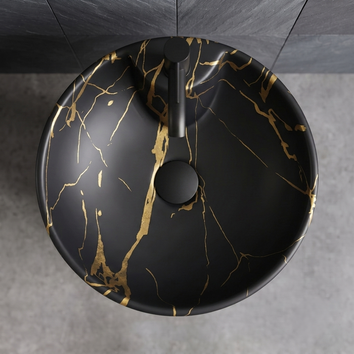 Ceramic Pedestal Wash Basin With Tap-Hole | Black-Gold
