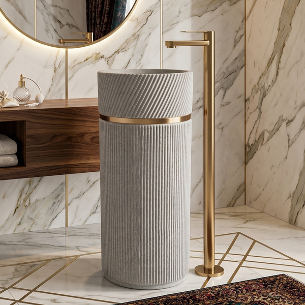 Bassino Designer Pedestal Basin (16 x 16 x 34 Inches) – Textured Grey Fluted Freestanding Wash Basin with Gold Accent Ring