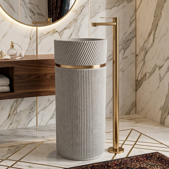 Bassino Designer Pedestal Basin (16 x 16 x 34 Inches) – Textured Grey Fluted Freestanding Wash Basin with Gold Accent Ring