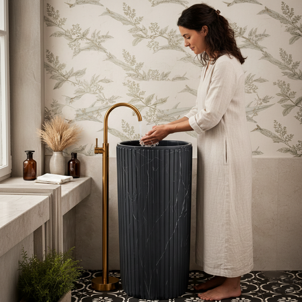 Vertical Fluted Pedestal Wash Basin | Luxury Matte Artificial Stone Freestanding Basin 16″ × 16″ × 34″ In