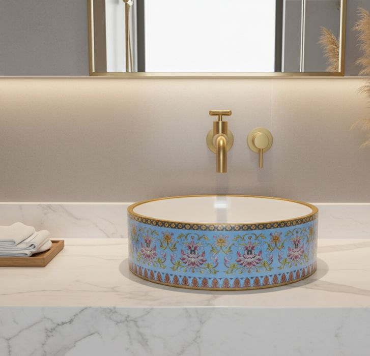 Designer Round Ceramic Wash Basin (Glossy Blue with Moroccan Art Design 16 x 16 x 5 In- AB604)