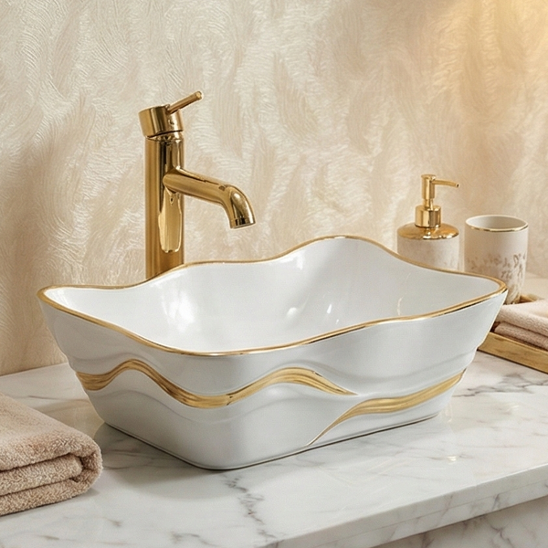 Premium Designer Ceramic Table Top Wash Basin, White with Gold Glossy (20 x 15 x 6 In) White
