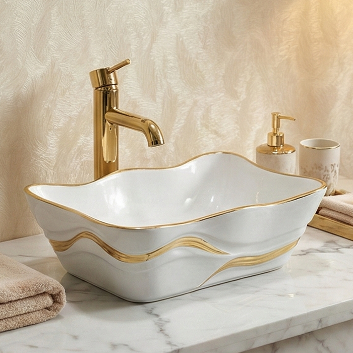 Premium Designer Ceramic Table Top Wash Basin, White & Black with Gold Glossy (20 x 15 x 6 In)
