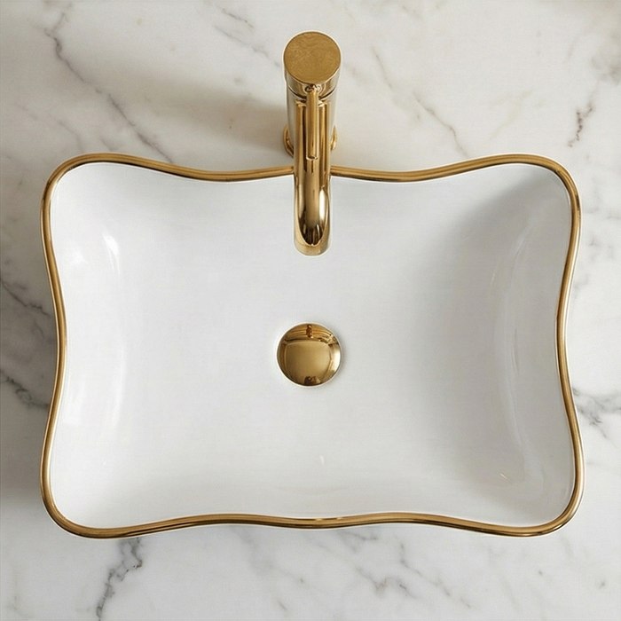 Premium Designer Ceramic Table Top Wash Basin, White & Black with Gold Glossy (20 x 15 x 6 In)