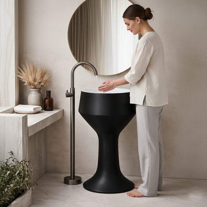 Luxury Pedestal Wash Basin | Designer Artificial Stone Freestanding Basin – Matte Finish 16″ × 16″ × 34″ In