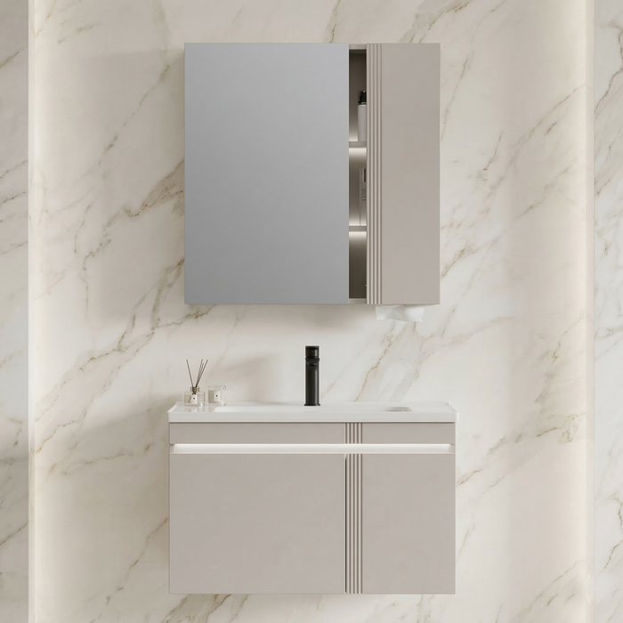 BASSINO Bathroom Vanity Cabinet Set – 32″ Plywood Vanity with Ceramic Basin & 30″ LED Mirror Cabinet