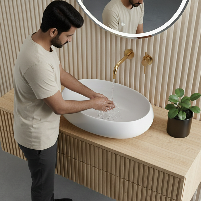 Premium Aesthetic Ceramic White Oval-Shaped Table Top Basin (OVAL) (600x420x150mm)