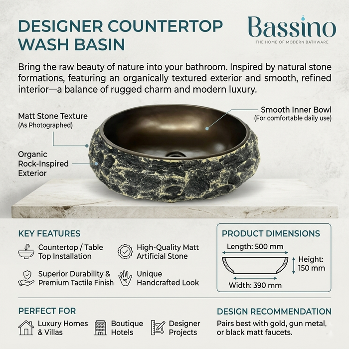 Modern Home Accent Countertop Wash Basin – Matt Artificial Stone Basin | 500×390×150 mm