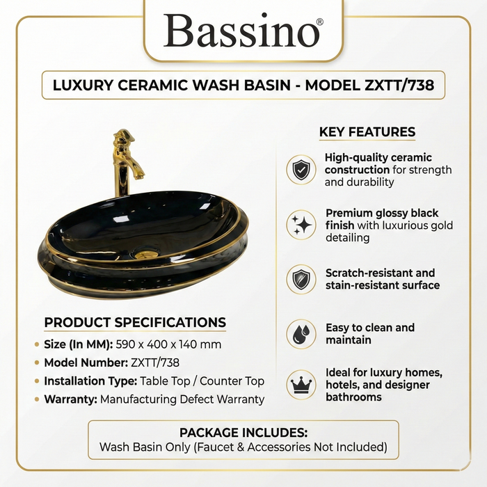 Premium Designer Ceramic Table Top Wash Basin, Black-Gold Glossy (23.5 x 16 x 5.5 In) ZXTT/738