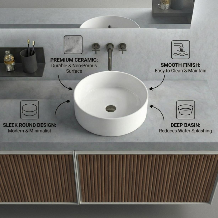 Premium Modern Ceramic White Round Table Top Basin (CIRCLE) (405x405x130mm)