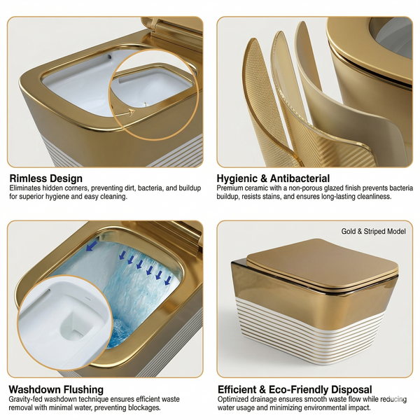 Bassino Gold Luxury Wall Hung Toilet – Rimless WC with UF Seat Cover | 20.5 x 13.5 x 14 Inches