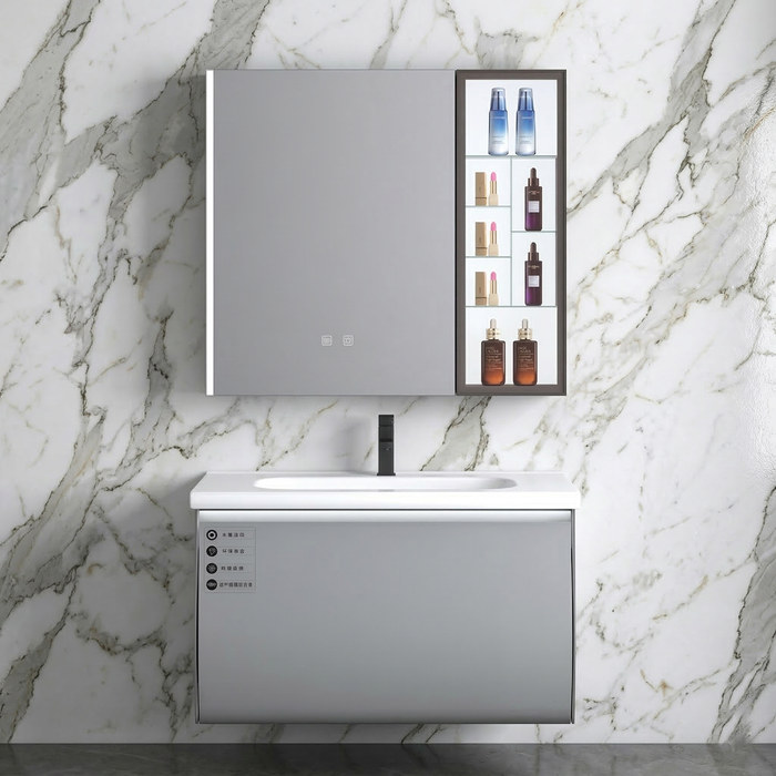 BASSINO Bathroom Vanity Cabinet Set – 32″ Plywood Vanity with Ceramic Basin & 31″ LED Mirror Cabinet